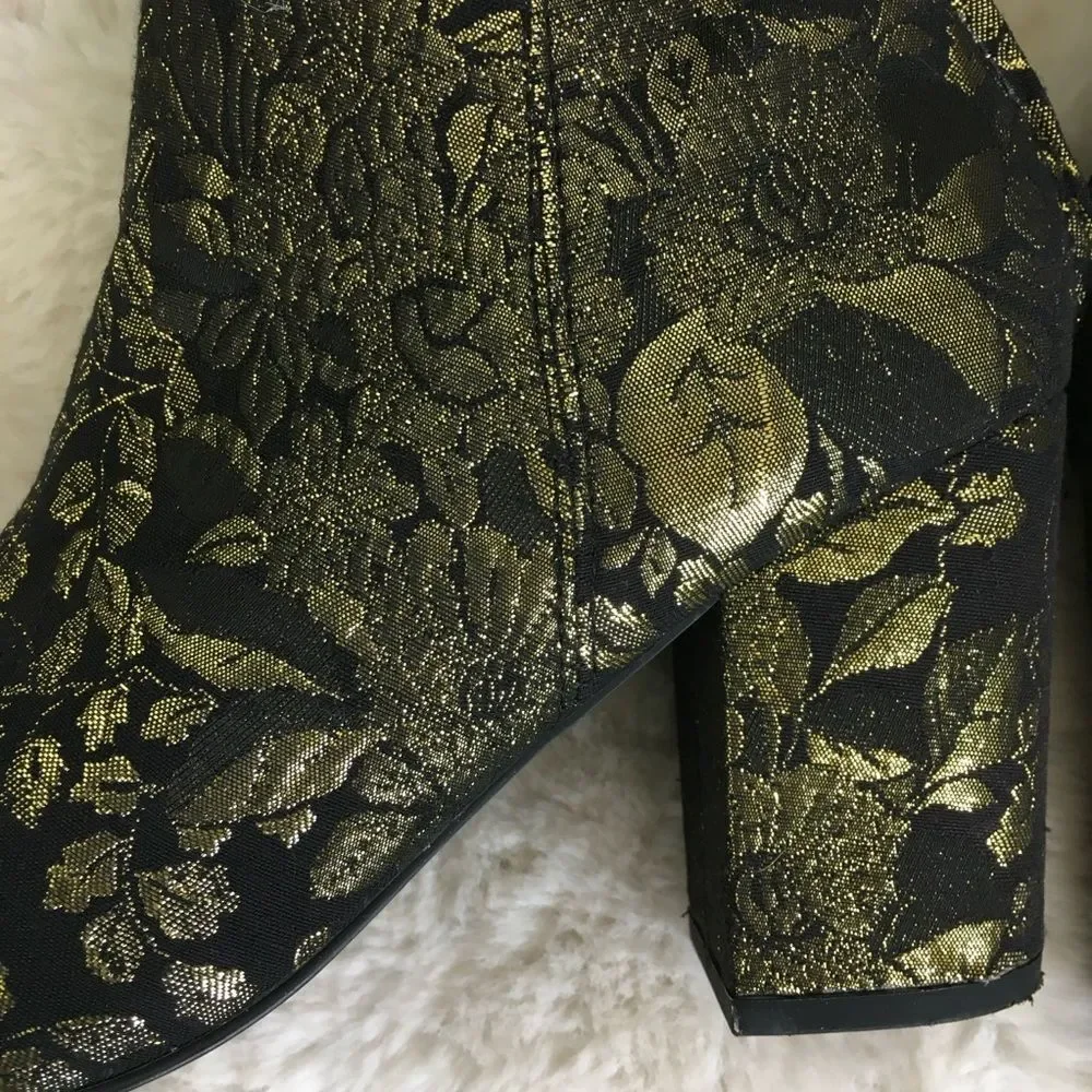 Steve Madden Black Gold Jacquard Cynthia Floral Fabric Ankle High Heel Boots 7.5
